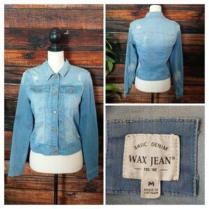 Wax Jean Jacket M Classic Cropped Fit Distressed Blue Denim Stretch
